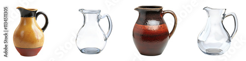 Diverse collection of glass and ceramic pitchers jugs carafes and decanters in various shapes sizes colors and textures for household use serving beverages and interior decorative display photo