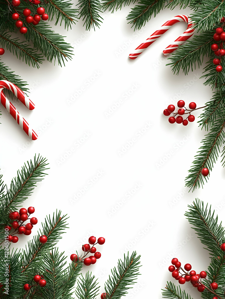 Christmas border with fir branches, candy canes, and red berries on white background. Christmas border with fir branches, candy canes, and red berries on white background.