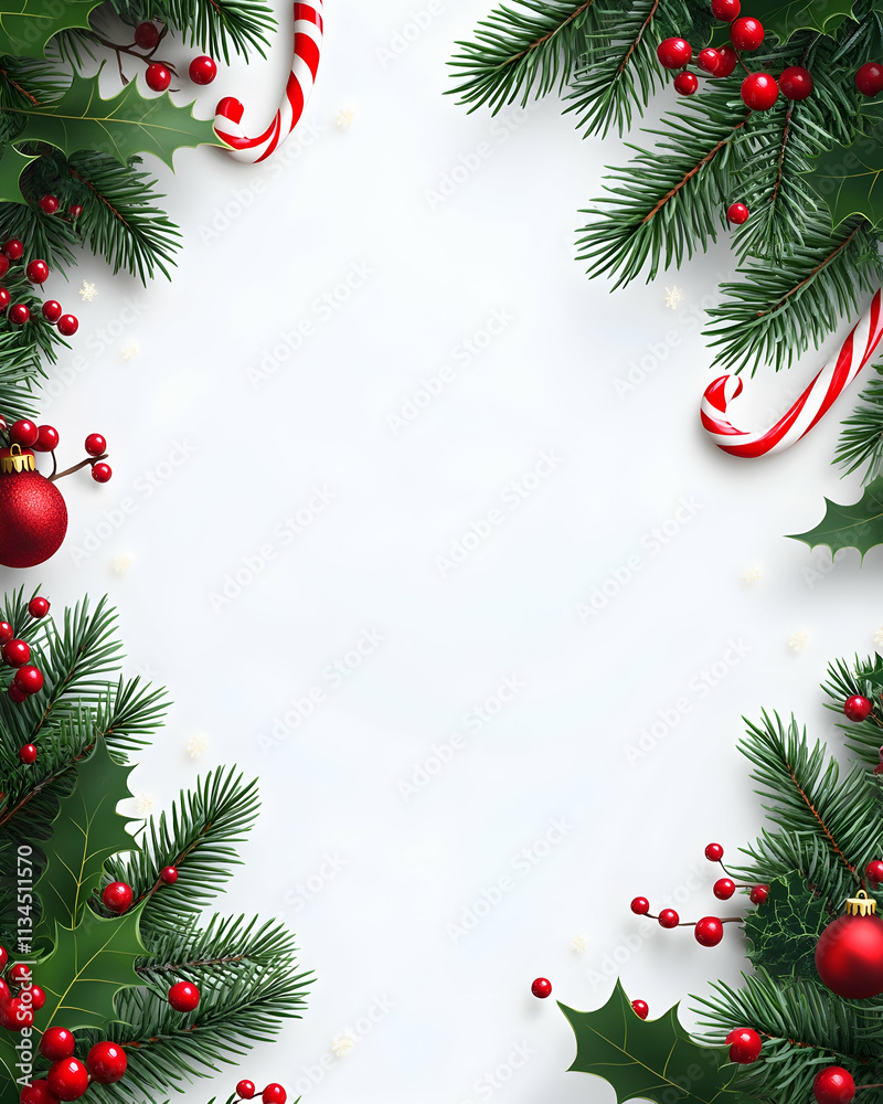 Christmas border with fir branches, holly, candy canes, and ornaments on white background. Christmas border with fir branches, holly, candy canes, and ornaments on white background.