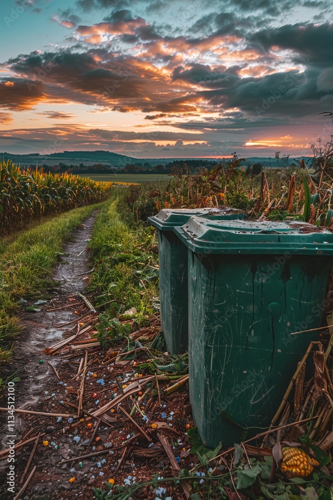 IoT technology optimizes waste management with smart bins in a rural landscape at sunset IoT technology optimizes waste management with smart bins in a rural landscape at sunset