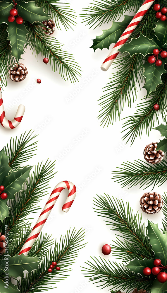 Christmas frame with holly, pine, candy canes, and berries. Christmas frame with holly, pine, candy canes, and berries.