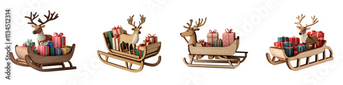 Festive wooden sleigh loaded with a variety of wrapped Christmas gifts and reindeer ornaments creating a cozy and joyful holiday scene  The sleigh is surrounded by a winter landscape with snow photo