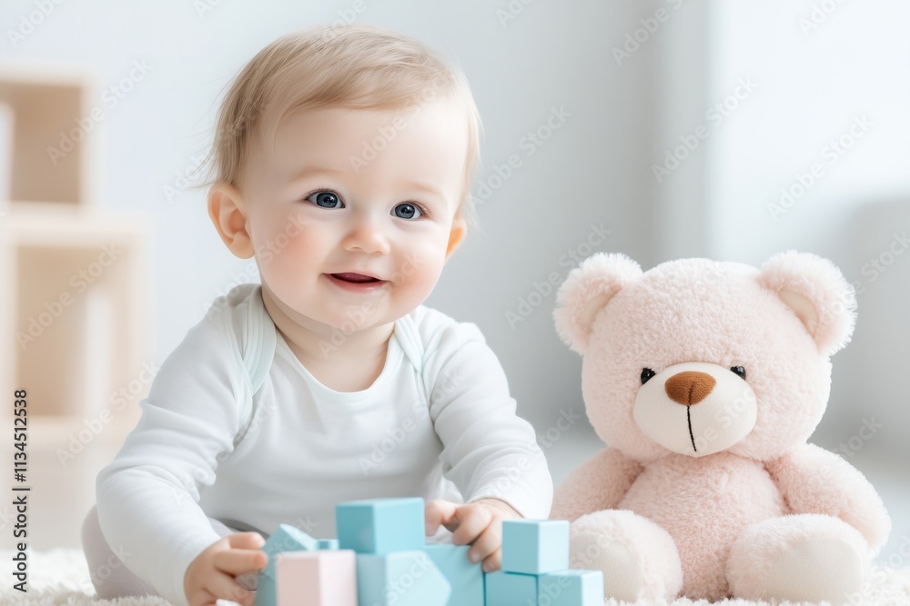Cheerful toddler joyfully playing with turquoise building blocks and a soft pink teddy bear on a cream rug in a bright room Cheerful toddler joyfully playing with turquoise building blocks and a soft pink teddy bear on a cream rug in a bright room