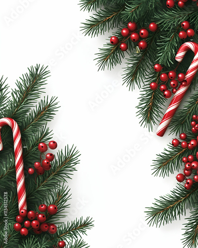 Festive Christmas border with candy canes, fir branches, and holly berries on white background.