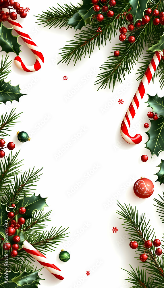 Festive Christmas border with candy canes, holly, and pine branches on white background. Festive Christmas border with candy canes, holly, and pine branches on white background.