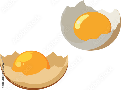 Two broken eggs showing egg yolks on white background