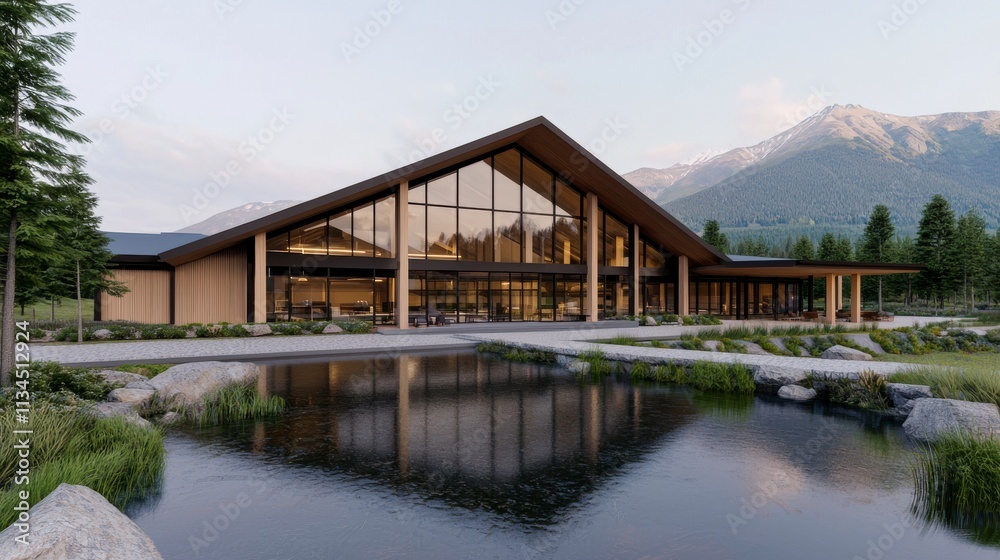 Modern Architectural Building Surrounded by Nature Features Large Windows, Scenic Mountains, and a Reflective Pond Creating a Serene Outdoor Environment Modern Architectural Building Surrounded by Nature Features Large Windows, Scenic Mountains, and a Reflective Pond Creating a Serene Outdoor Environment