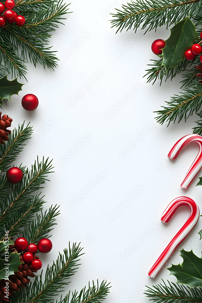 Festive Christmas border with evergreen branches, holly, berries, pinecones, and candy canes on white background. Festive Christmas border with evergreen branches, holly, berries, pinecones, and candy canes on white background.