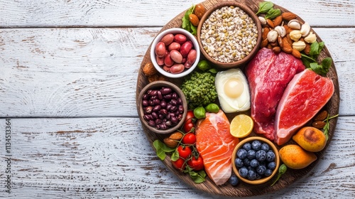 Fresh Ingredients for a Healthy Lifestyle on a Rustic Wooden Table, Featuring Meat, Fish, Nuts, Berries, Grains, and Colorful Vegetables on a Serving Platter