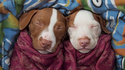Adorable sleeping puppies wrapped in colorful blankets, showing peace and tranquility in a cozy environment, perfect for pet lovers and animal enthusiasts.