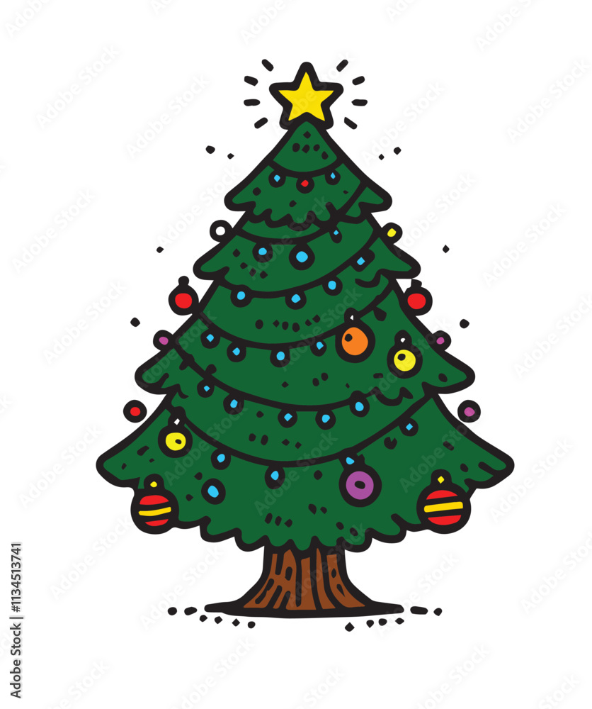 Hand-Drawn Christmas Tree Illustration – Festive Holiday Tree with Ornaments, Lights, and Star Topper for Seasonal Designs and Decorations Hand-Drawn Christmas Tree Illustration – Festive Holiday Tree with Ornaments, Lights, and Star Topper for Seasonal Designs and Decorations
