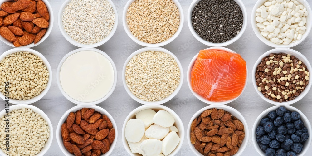 Fresh Healthy Ingredients Arrangement on Gray Background with Salmon, Nuts, Grains, and Seeds for Nutritional and Culinary Inspiration Fresh Healthy Ingredients Arrangement on Gray Background with Salmon, Nuts, Grains, and Seeds for Nutritional and Culinary Inspiration