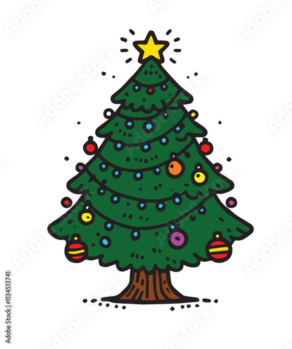 Hand-Drawn Christmas Tree Illustration – Festive Holiday Tree with Ornaments, Lights, and Star Topper for Seasonal Designs and Decorations