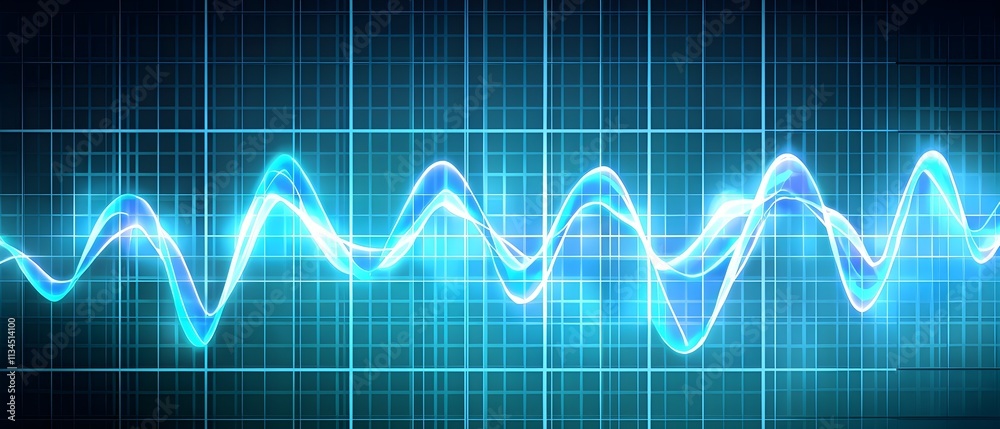 Naklejka premium glowing digital waveforms fluctuating in sync with a pulsating grid background, representing the heartbeat of artificial intelligence