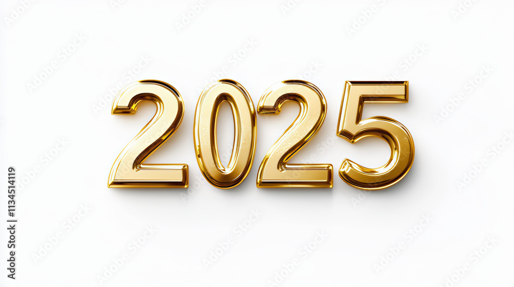 2025 New Year Celebration with 3D Golden Text Number isolated on white background