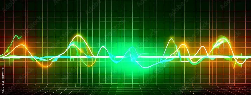 glowing digital waveforms fluctuating in sync with a pulsating grid background, representing the heartbeat of artificial intelligence glowing digital waveforms fluctuating in sync with a pulsating grid background, representing the heartbeat of artificial intelligence
