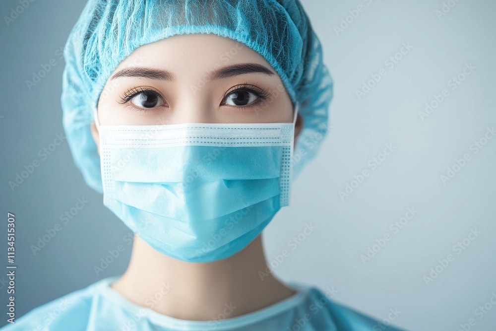 Close-up Portrait of a Female Healthcare Worker Wearing a Surgical Mask and Cap in a Professional Medical Environment for Health and Safety Representation Close-up Portrait of a Female Healthcare Worker Wearing a Surgical Mask and Cap in a Professional Medical Environment for Health and Safety Representation