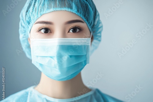 Close-up Portrait of a Female Healthcare Worker Wearing a Surgical Mask and Cap in a Professional Medical Environment for Health and Safety Representation