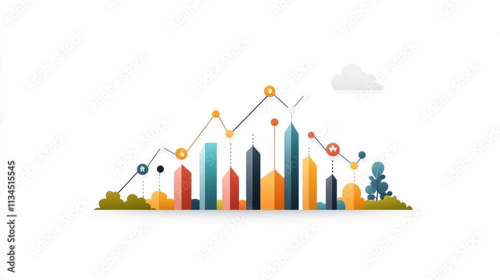 Modern Business Growth Concept with Colorful Bar Charts, Abstract City Skyline, and Trend Lines Illustrating Financial Progress and Market Trends Modern Business Growth Concept with Colorful Bar Charts, Abstract City Skyline, and Trend Lines Illustrating Financial Progress and Market Trends