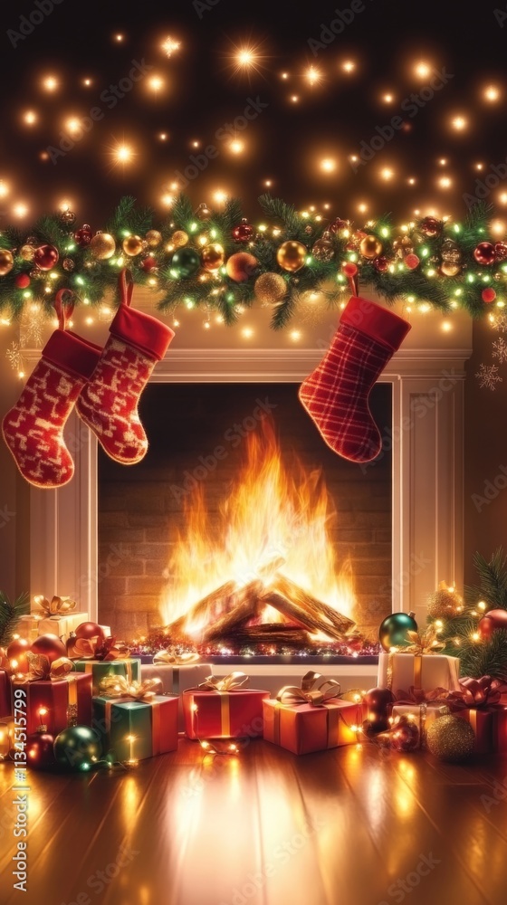 Cozy christmas fireplace with stockings and festive garland in warm glow. Happy New Year. Merry Christmas Cozy christmas fireplace with stockings and festive garland in warm glow. Happy New Year. Merry Christmas