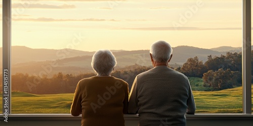 Serene View of a Senior Couple Enjoying a Peaceful Sunset from Their Home Overlooking a Beautiful Landscape with Lush Green Hills and Soft Sky Colors