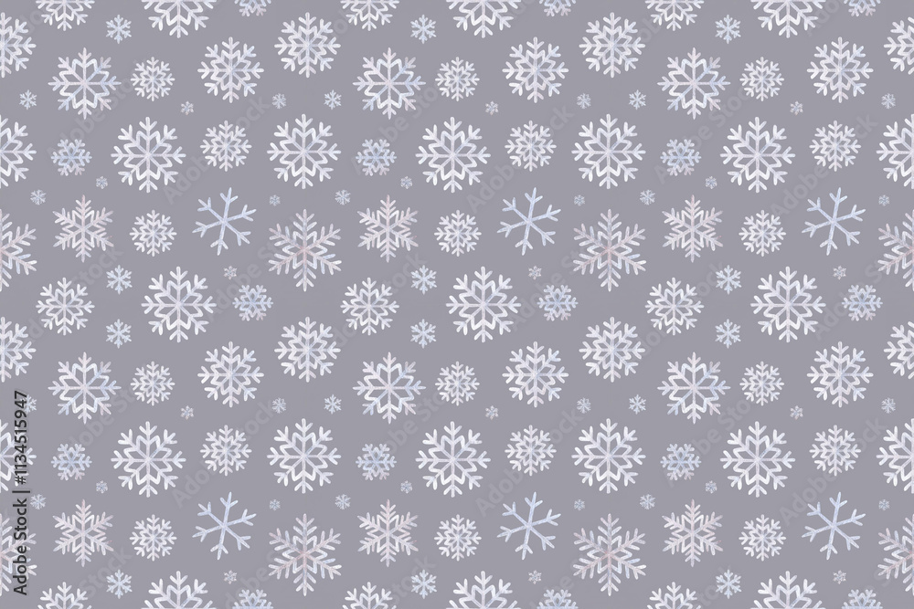 水彩画の雪の結晶のシームレスパターン、グレーの背景