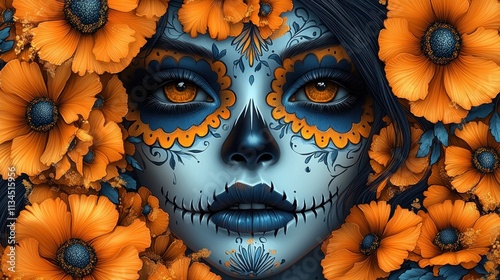 A vibrant sugar skull woman surrounded by orange flowers, celebrating Día de los Muertos.