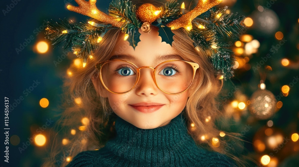 Smiling young caucasian girl with festive glasses and holiday lights. Happy New Year. Merry Christmas Smiling young caucasian girl with festive glasses and holiday lights. Happy New Year. Merry Christmas