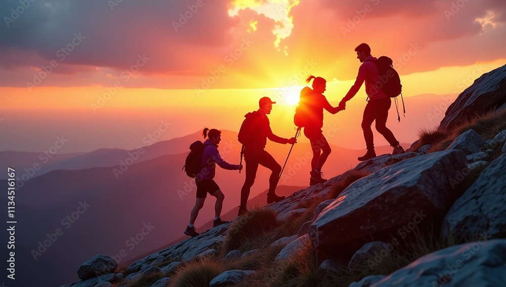 people help hike mountain sunset powerful display teamwork mutual people help hike mountain sunset powerful display teamwork mutual