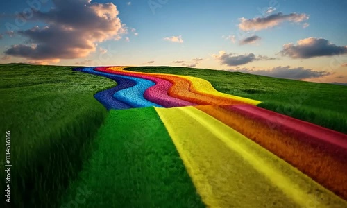 Vibrant Rainbow Road Winding Through Lush Green Fields Under a Cloudy Sky