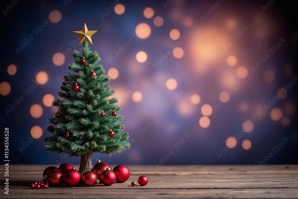 Christmas tree with red ornaments on wooden floor Christmas tree with red ornaments on wooden floor