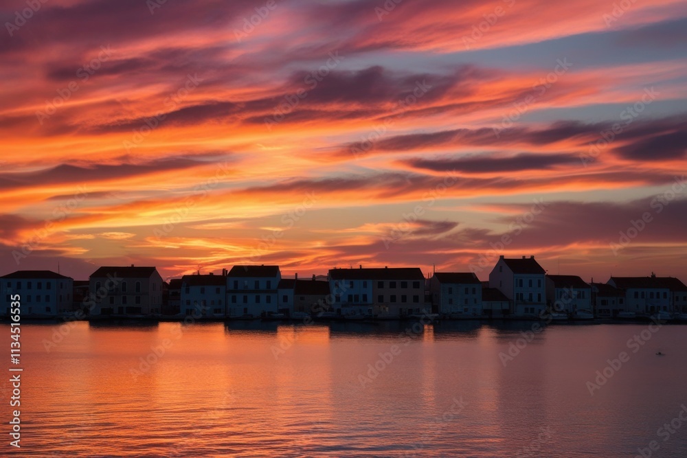 Naklejka premium Twilight Reflections - A Town Embraced by Sunset