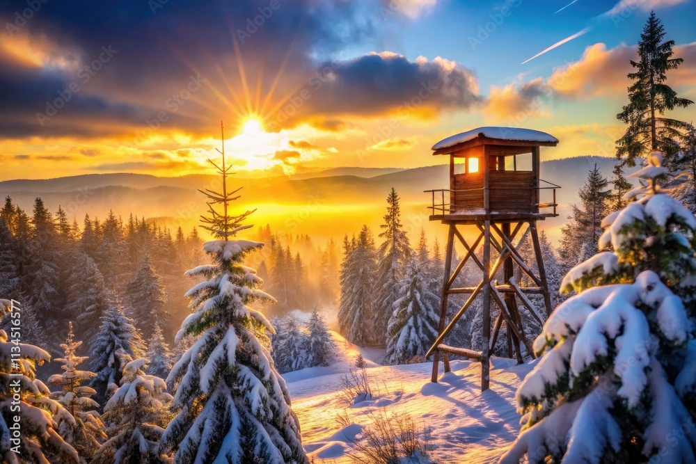 Misty sunrise paints a German forest clearing, bokeh blurring a hunter's winter lookout. Misty sunrise paints a German forest clearing, bokeh blurring a hunter's winter lookout.