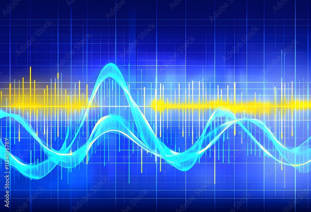 Fototapeta premium glowing digital waveforms fluctuating in sync with a pulsating grid background, representing the heartbeat of artificial intelligence