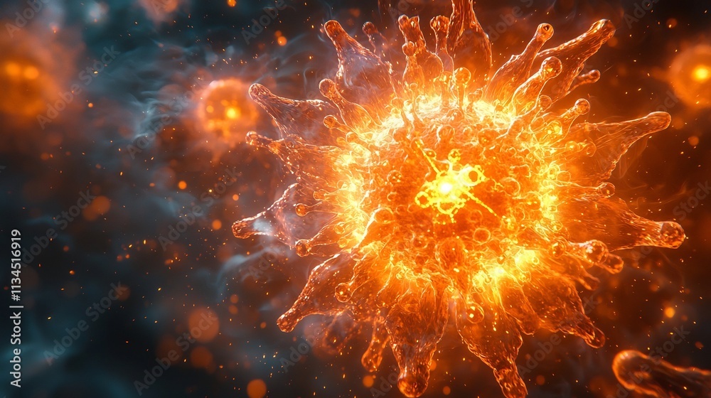Fototapeta premium Glowing Virus Particle Explosion Symbolizing Medical Advancement and Vaccine Power