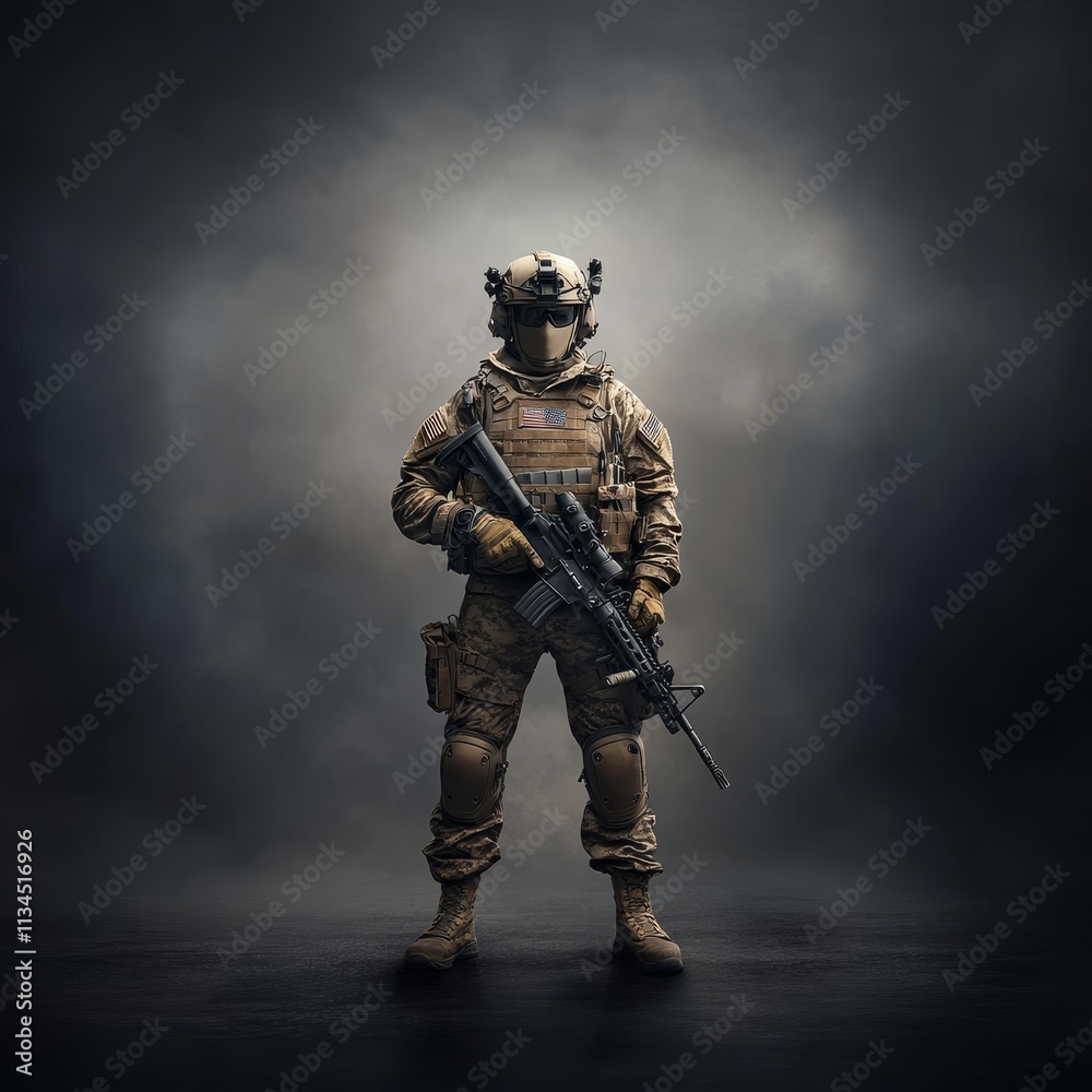 Obraz premium Intense Portrait of a Soldier in Tactical Gear Posing Fiercely with Rifle, Showcasing Camouflage, Tactical Vest, and Determination in Dramatic Lighting