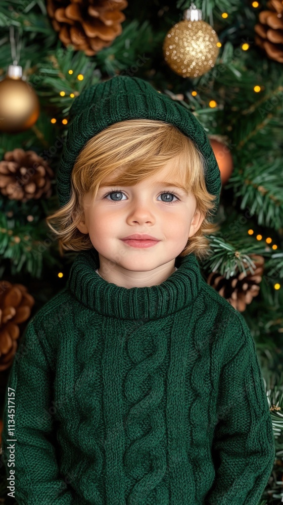 Blond young caucasian child in green sweater posing by christmas tree. Happy New Year. Merry Christmas. Christmas Sweater Day Blond young caucasian child in green sweater posing by christmas tree. Happy New Year. Merry Christmas. Christmas Sweater Day