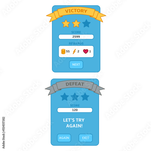 Vector Popup Windows for Mobile Game. Victory and Defeat.