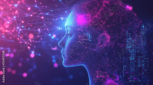 Abstract digital profile of a woman's head, with glowing, interconnected lines and points, representing neural network or futuristic technology.