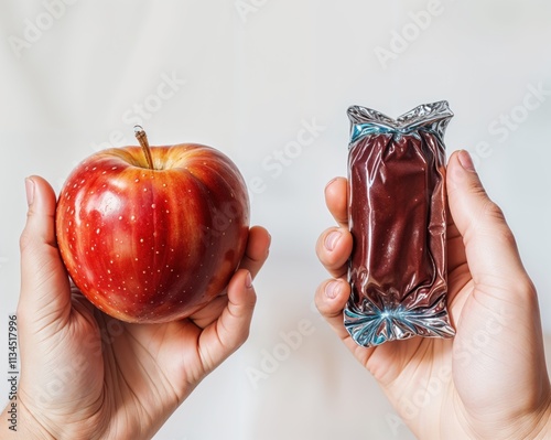 A minimalist image contrasting healthy and indulgent food choices, featuring a hand holding a fresh, glossy red apple alongside a hand holding a packaged chocolate bar on a white background.
