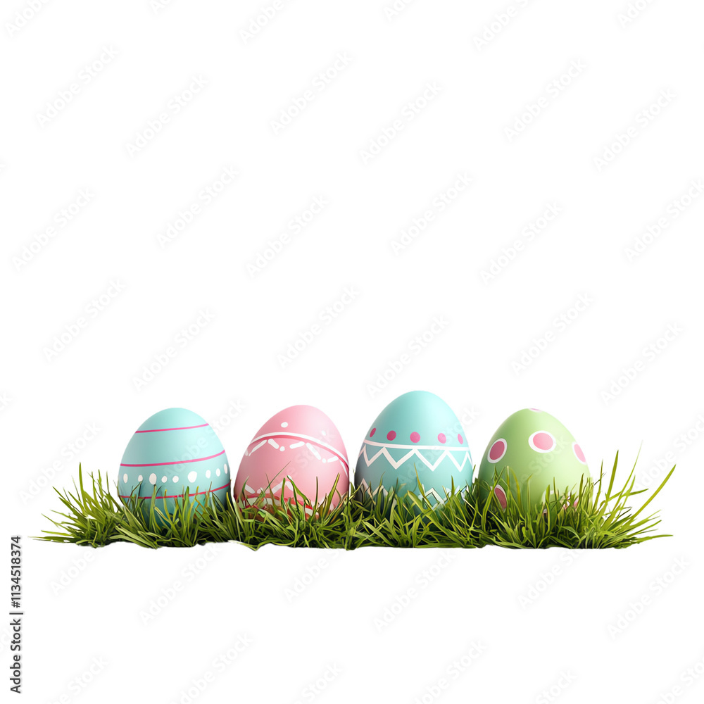 Fototapeta premium Colorful Easter eggs on green grass. transparent background