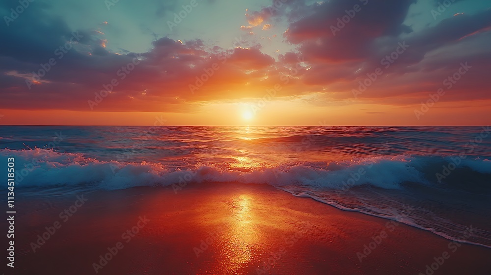 Serene sunset over ocean waves beach nature scene tranquil view Serene sunset over ocean waves beach nature scene tranquil view