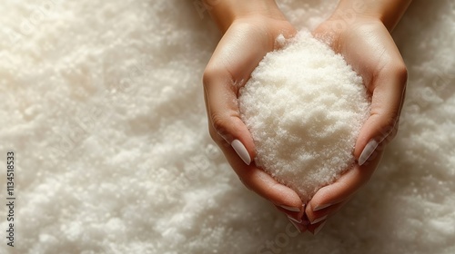 A pair of hands cradling a mound of white salt against a background of salt grains.