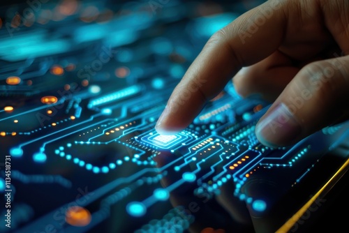Engaging With Interactive Digital Technology on a Circuit Board Display in a Modern Workspace