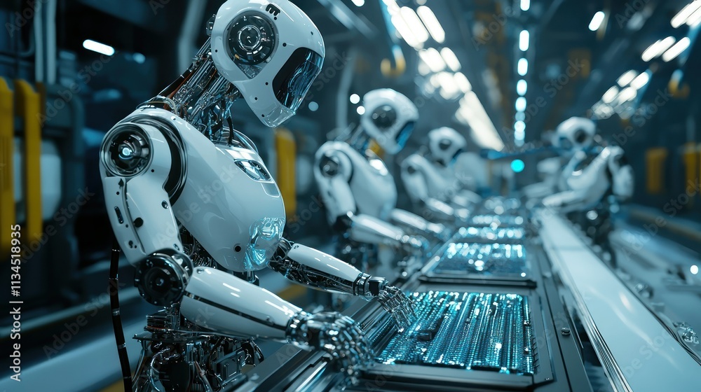 Fototapeta premium Automatic robots in production lines robotic arms for assembly in factories using iot for machine control