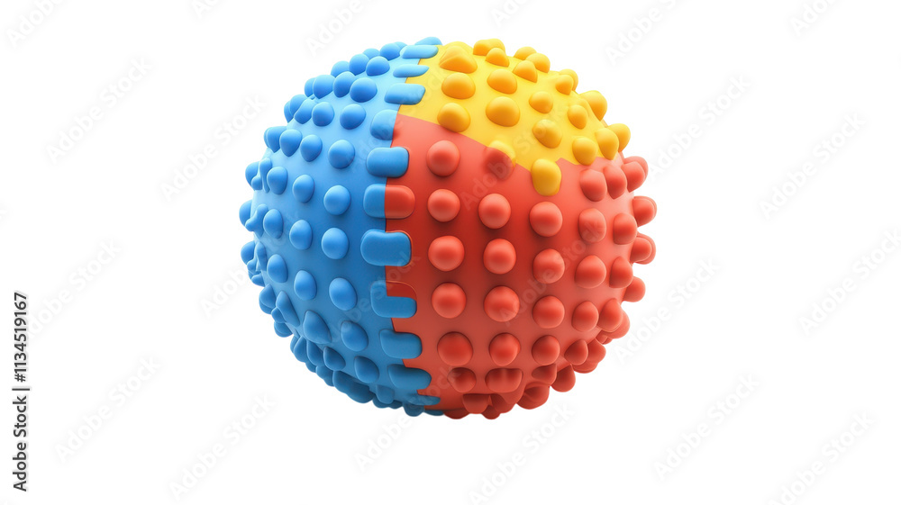 Colorful textured ball with a playful design featuring blue, red, yellow, and orange sections on a transparent background. Colorful textured ball with a playful design featuring blue, red, yellow, and orange sections on a transparent background.