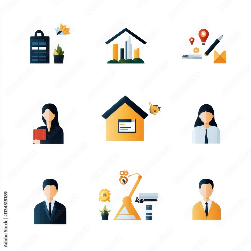 Colorful Flat Icons Representing Business Concepts, Growth, Communication, and Professional Development in an Engaging and Modern Style Colorful Flat Icons Representing Business Concepts, Growth, Communication, and Professional Development in an Engaging and Modern Style