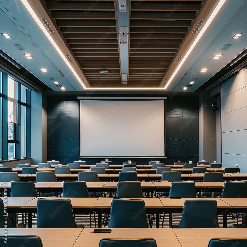 Modern Conference Room Setup With Rows of Desks and Projector Screen Displaying Presentation Modern Conference Room Setup With Rows of Desks and Projector Screen Displaying Presentation