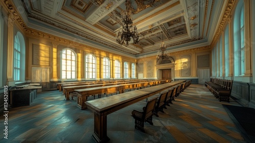 Grand historical hall with long tables and rows of chairs, sunlight streaming through large windows. photo