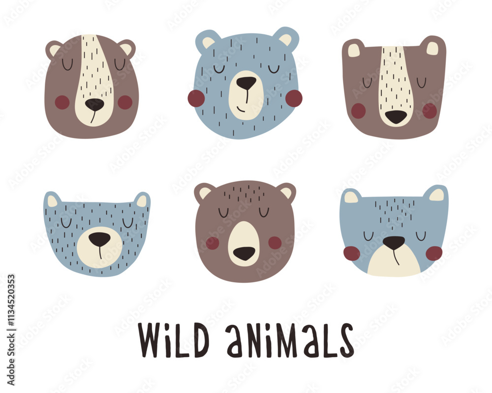 Wild forest bears set. Funny faces of bears. Perfect for cute t-shirts, cards and posters. Wild forest bears set. Funny faces of bears. Perfect for cute t-shirts, cards and posters.